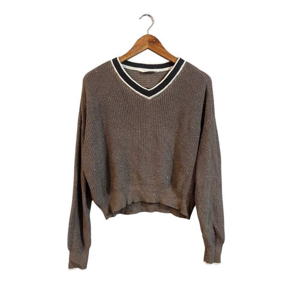 Phardi V-Neck Knit Sweater 36 Sheer Sequins Pullover
